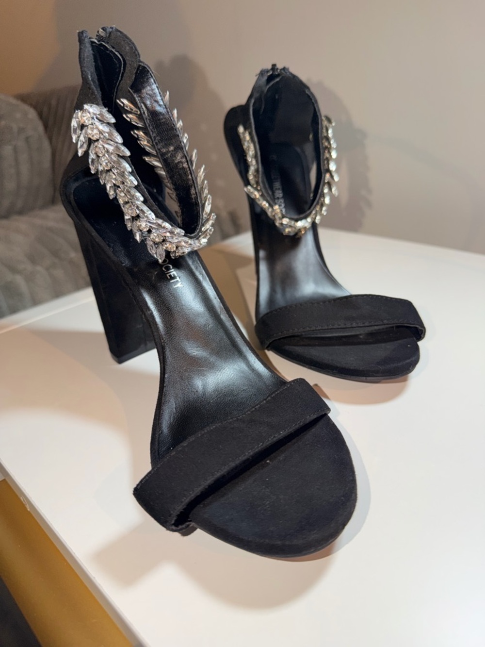 Streetwear Society Black Crystal Leaf Ankle-Strap Block Sandals
